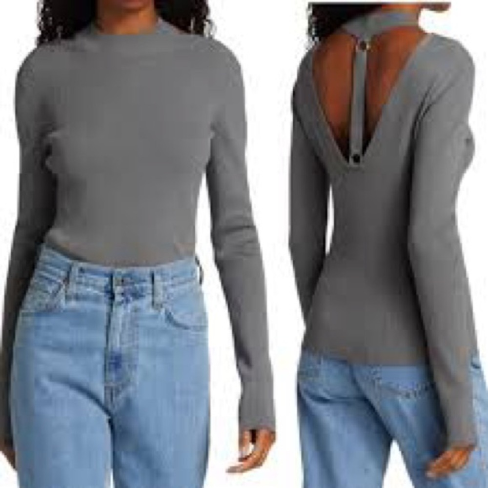 Helmut Lang Ring Cutout Mockneck Pullover Ribbed Top Grey Medium